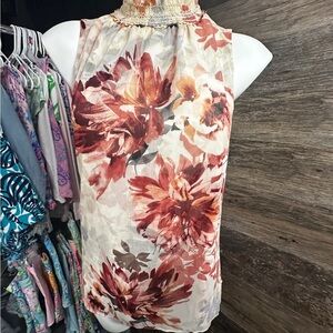 White House Black Market Smocked Sleeveless Floral Blouse Red Cream